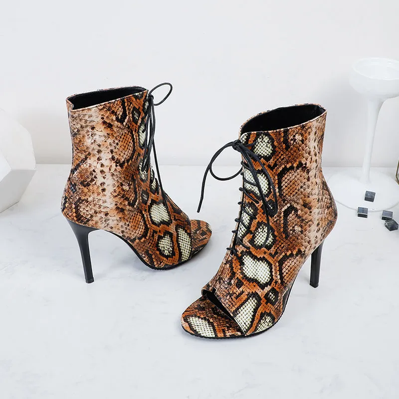 Bigsizeheels Buckle Peep Toe Stiletto Heel Color Block Pumps - Snakeskin