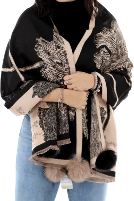 Garden Print Wrap with Fox Fur Poms | Black/Taupe